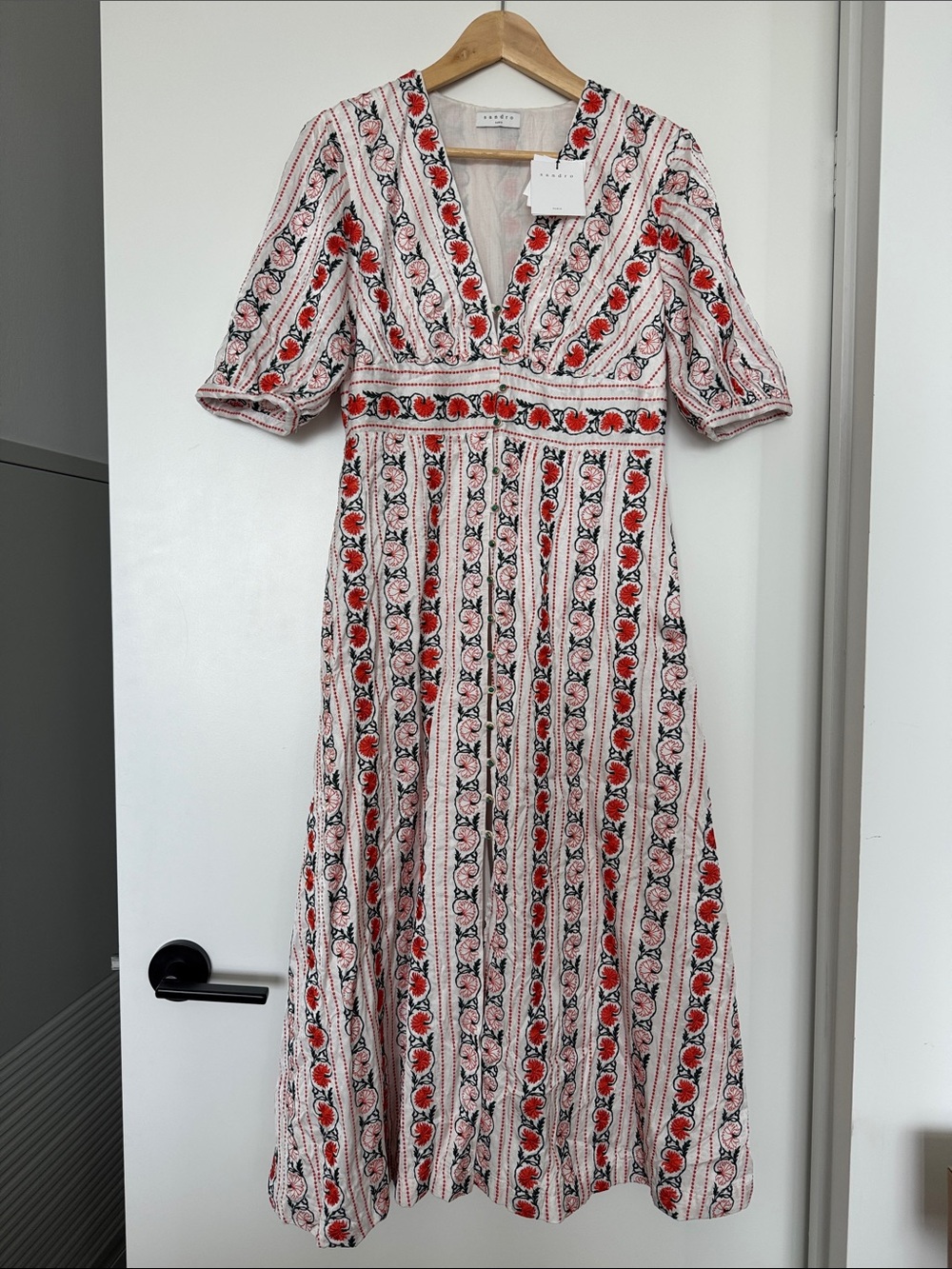 Apiece Apart Red & Pink Floral Stripe V‑Neck Maxi Dress